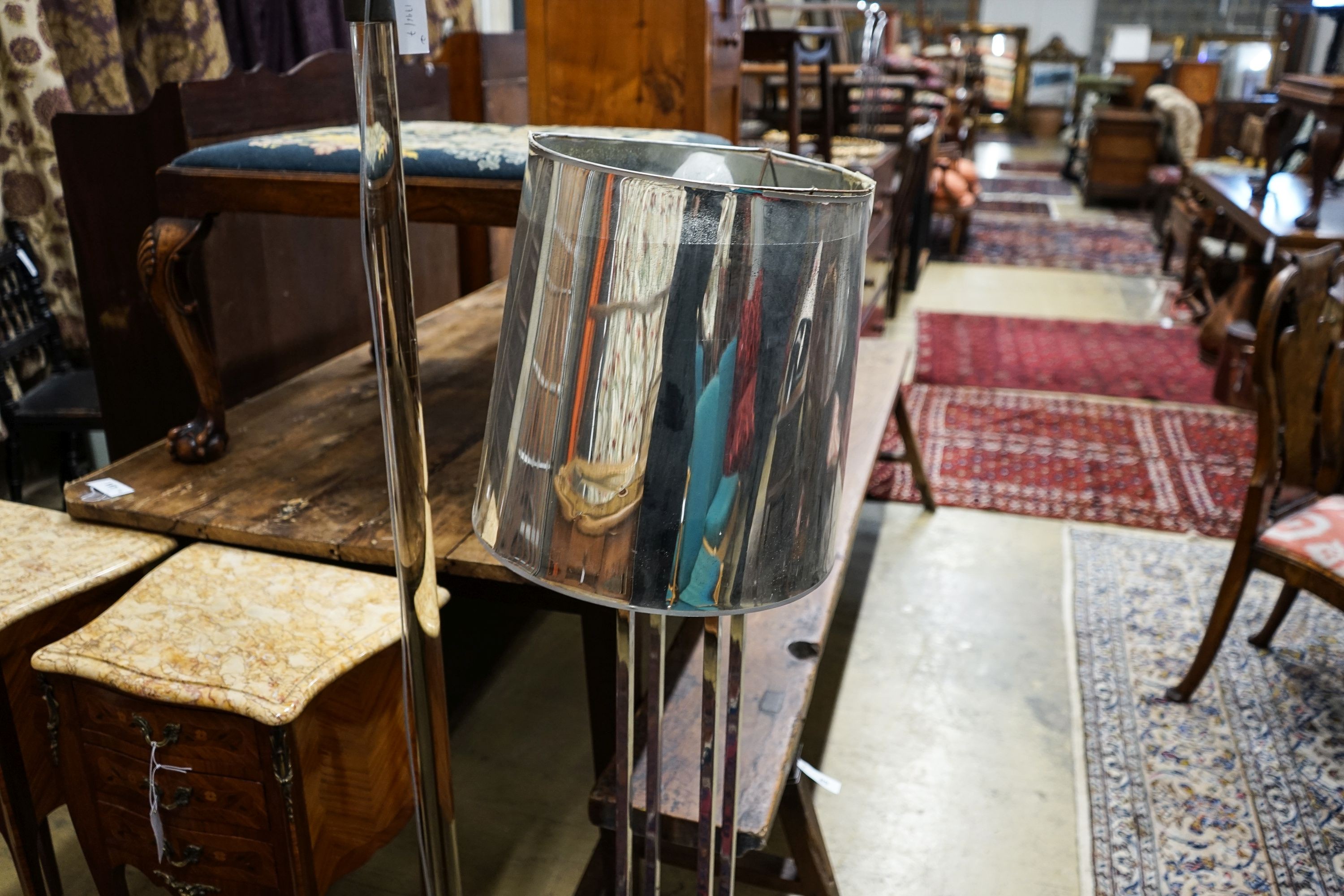 A mid century design perspex column uplighter floor lamp together with a chrome floor lamp, larger 168cm high